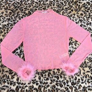 Pink Sheer Long Sleeve Top with Feather Cuffs & rhinestones